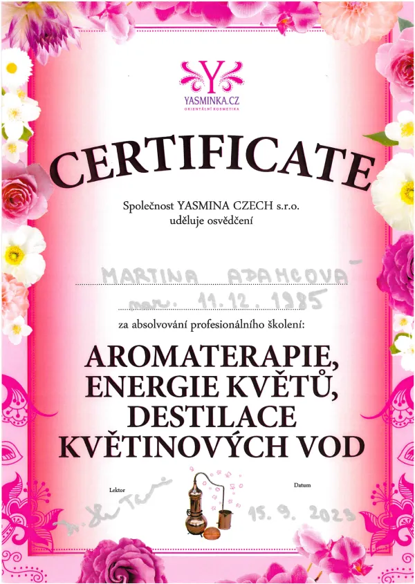 certifikát Aromaterapie, energie květu, destilace květinových vod