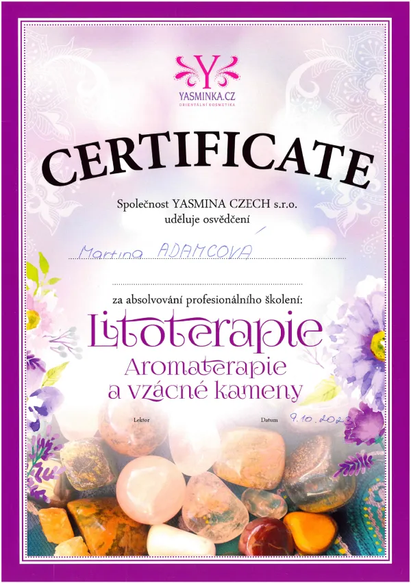 certifikát Litoterapie, Aromaterapie a vzácné kameny