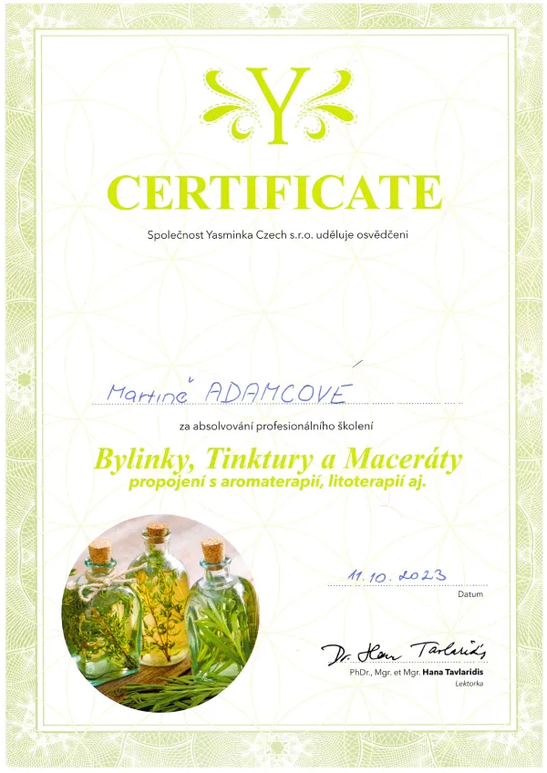 certifikát Bylinky, tinktury a maceráty
